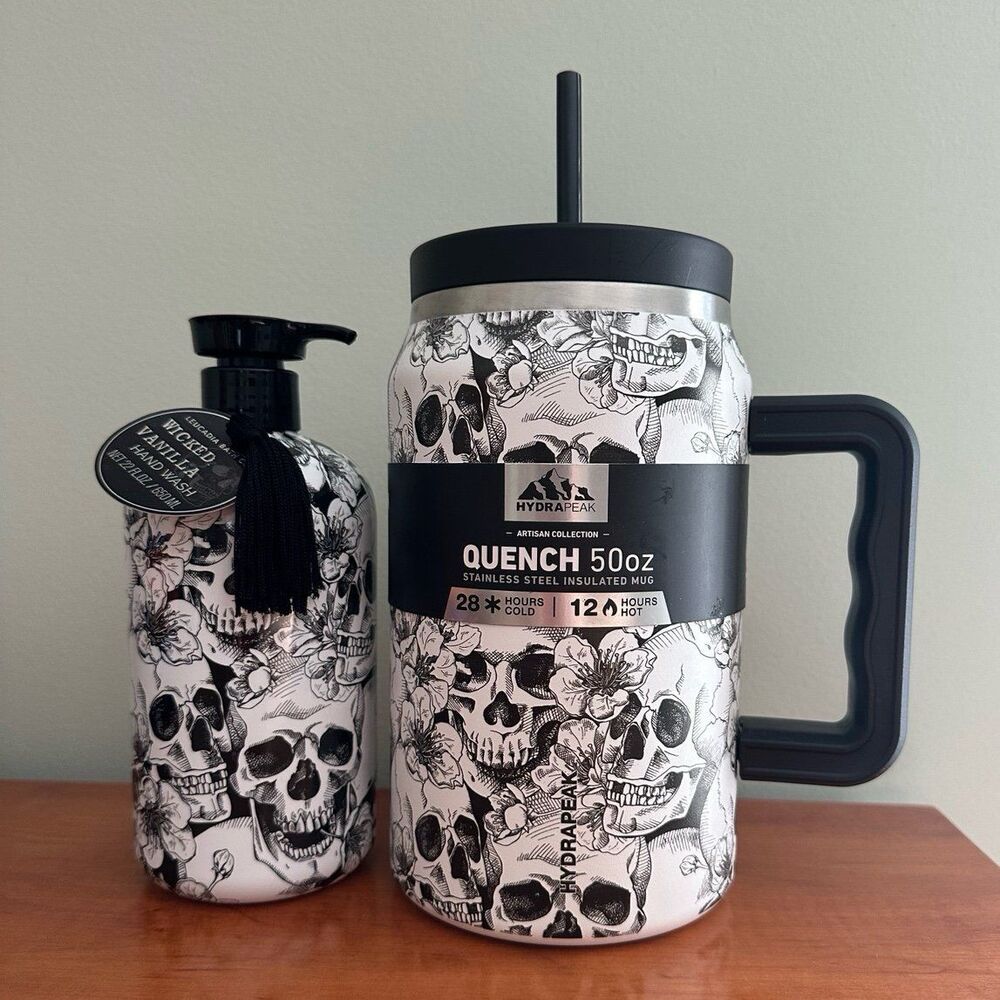 Matching Black + White Skull/Halloween Hydrapeak 50 Oz Tumbler & Hand Soap Set
